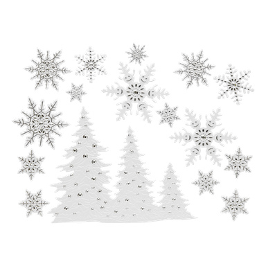 Tre vita granar och tolv snöflingor, med några av snöflingorna som visar små ansikten, är arrangerade för att framkalla en vinterscen. Dessa EKVIP-fönsterklistermärken lyfter fram julinspirerade designer med snöflingor i olika storlekar och stilar för festlig juldekoration.