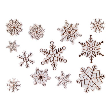 Tolv bruna snöflingor, var och en med ett unikt geometriskt mönster, pryder EKVIP Window-klistermärken till jul.