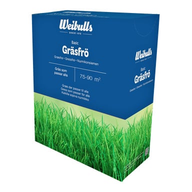 En grønn og blå eske med Weibulls Grass Seeds Basic vises. Emballasjen oppgir at den dekker 75–90 kvadratmeter og inkluderer tekst over bilder av gress.
