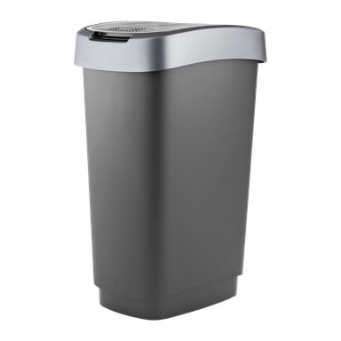 Ein hoher, rechteckiger dunkelgrauer Kunststoff-Recyclingbehälter von Hard Head ist zu sehen, mit einem silbernen Flip-Deckel.