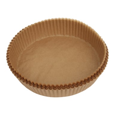 En topvy av ett runt bakpapper med räfflade sidor för airfryers, 50-pack från Menuett.