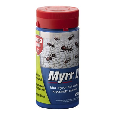 En 250-grams behållare med Protect Home Ant Killer Myrr D med rött lock. Etiketten visar bilder på myror och anger att produkten är för att eliminera myror och andra krypande insekter.