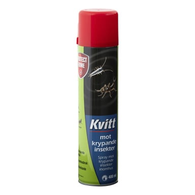 En hög röd och svart sprayburk med insektsspray, märkt "Kvitt mot krypande insekter" med bilder på krypande insekter. Behållaren rymmer 400 ml och är avsedd för inomhusbruk mot krypande insekter.