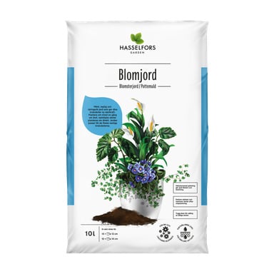 En vit påse med Hasselfors trädgårdsjord visar bilder på blommande krukväxter i en vit kruka, med produktinformation och en volymstorlek på 10 liter tryckt på förpackningen.