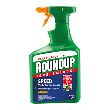 En 1-liters grønn flaske Roundup ugressmiddel med oransje spraydyse, merket for rask virkning mot ugress og mose, formulert uten glyfosat.