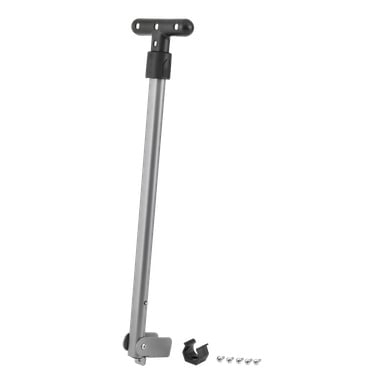 Ett silverhandtag för transportdolly från Hard Head med ett svart T-format grepp, ett väggfäste och sex skruvar placerade nere till höger.