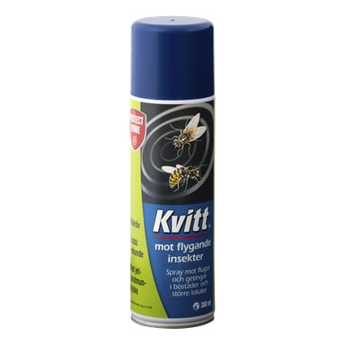 En 300 ml aerosolburk med insektsspray märkt "Kvitt mot flygande insekter" visar blå och gröna färger, med illustrationer av en fluga och en geting, formulerad för att jaga flygande insekter.