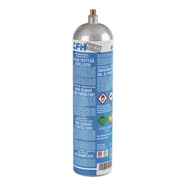 En CFH Oxygen-flaska står upprätt med en silverfärgad kropp och en mässingsventil. Dess etiketter visar säkerhetsvarningar, faroikoner, användningsanvisningar och texten "Made in Germany" tillsammans med "Oxygen Compressed.
