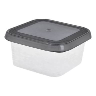 En Menuett Lunchbox med en genomskinlig rektangulär plastbehållare och ett mörkgrått lock visas tom, locket ordentligt fastsatt.