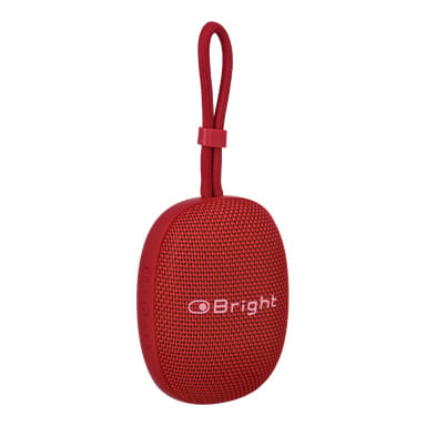 Ein kleiner, oval geformter roter Bluetooth-Lautsprecher von Bright hat eine Stoffvorne, Steuertasten an einer Seite, eine Schlaufe oben zum Tragen und Bright vorne.