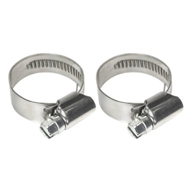 Två identiska Hard Head Hose-klämmor från ett 2-pack visas sida vid sida, var och en med slitsade band och skruvmekanismer.