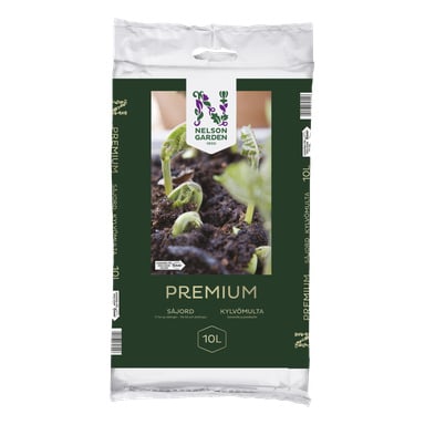 En 10-liters pose med Nelson Garden Premium frøstartjord, vist i grønn og hvit emballasje med et bilde av unge spirer som kommer opp av jorden og produktinformasjon på forsiden.