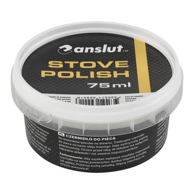 Okrągłe plastikowe opakowanie z napisem "Anslut Stove Polish", mieszczące 75 ml, z detalami produktu wydrukowanymi na boku w wielu językach i białą pokrywką.