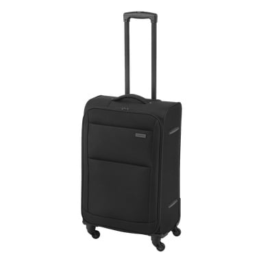 En medelstor svart Kayoba Travel-väska med mjukt skal, utrustad med fyra hjul, både ett övre handtag och ett förlängt teleskophandtag, plus en framficka med dragkedja.