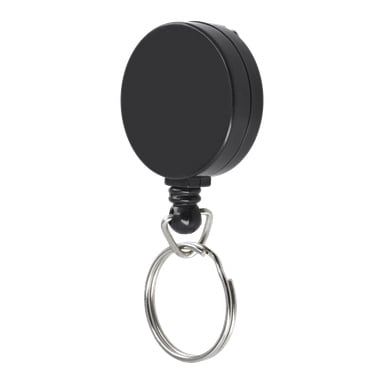 En svart Hard Head utdragbar nyckelring med en rund, infällbar märkesrulle och fastsatt metallnyckelring.