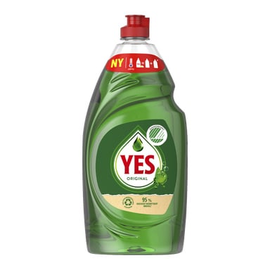 En flaska Yes Washing-up liquid med en röd kork, som visar en grön och vit etikett som visar en groda, en djärv droppform och flera hållbarhetsikoner. Vätskan i flaskan är grön.
