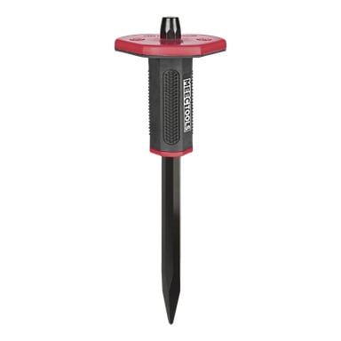 En svart och röd spetsig mejsel från Meec Tools med skyddande handskydd, ett hexagonalt skaft och handtaget som visade varumärket Meec Tools vertikalt.