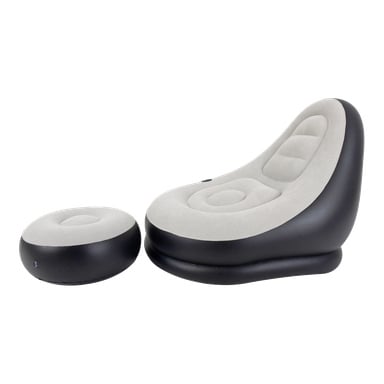 Jilong Inflatable Lounger with Footstool 2 Pieces inkluderer en grå og svart vinyl lenestol med konturert ryggstøtte, samt en matchende rund puff.