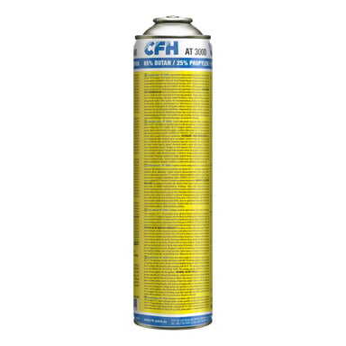 En hög, metallisk behållare märkt CFH Mixed gas-tube Spezial-Gas AT-3000 har en blå och gul färgschema. Dess etikett visar att gasblandningen innehåller 65 % butan och 25 % propyleng. Baksidan innehåller omfattande säkerhetsinformation och användningsriktlinjer.