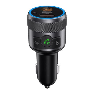 Der Nedis FM-Sender für das Auto ist schwarz und verfügt über ein digitales Display mit 106,8, einen USB-Anschluss, einen blauen LED-Ring und Tasten mit der Bezeichnung CH, ein grünes Telefonsymbol und b. Er hat eine zylindrische Form, die für Autosteckdosen konzipiert ist.