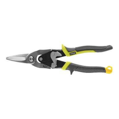 Ryobi Metal Saxs RHASS med svarta och gula handtag, silverblad lämpade för att skära plåt och ett hänghål i spetsen på varje handtag.
