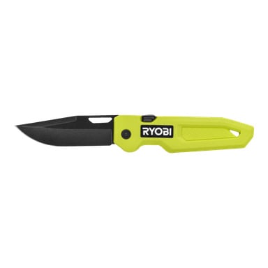 Ein Ryobi Jack Knife RHCKF-3 mit einer schwarzen Klinge und einem leuchtend gelb-grünen Griff, der das Ryobi-Logo zeigte und mit einem Daumenschalter für eine einfache Klingenablösung ausgestattet war.