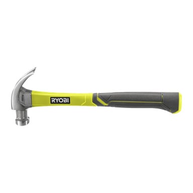En Ryobi-snickarhammare RHHCC450 med ett silverfärgat metallhuvud och ett gult och svart gummihandtag, med Ryobi-loggan på handtaget.