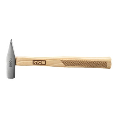 En Ryobi RHHWE500 bänkhammare med ett trähandtag, ett 500g metallhuvud och ett texturerat greppområde på handtagets högra sida.