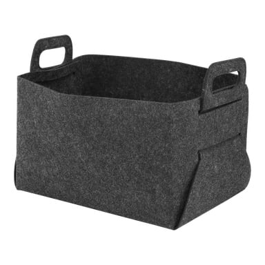 Ein rechteckiger dunkelgrauer Filzkorb mit zwei kräftigen Griffen auf jeder Seite, der ein minimalistisches und langlebiges Design aufweist, wurde leer dargestellt.