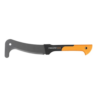 Nóż czyściarski Fiskars WoodXpert XA3 Medium z zakrzywioną, szeroką ostrzą i pomarańczowo-czarną rękojeścią, pokazany z ostrzem skierowanym w lewo.