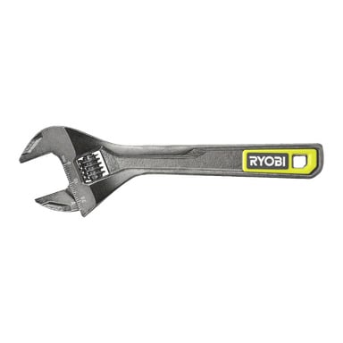 En justerbar Ryobi-skiftnyckel med gult och svart handtag, utrustad med en rörlig käke för att greppa bultar eller muttrar och en öppen springa vid handtagets bas.