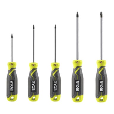 Pięć śrubokrętów Ryobi Torx z zestawu RHSDST5 5 części, każdy z szarą i żółtą rączką, jest ustawionych w rzędzie, ułożonych według rosnącego rozmiaru od lewej do prawej.
