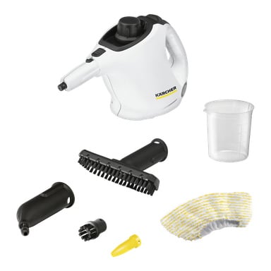 Biały Kärcher Steam Cleaner SC 1 jest pokazany z uchwytem i siedmioma akcesoriami, w tym miarką, dyszą szczotki, okrągłą szczotką, skośną dyszą oraz żółtopasową ściereczką czystą.