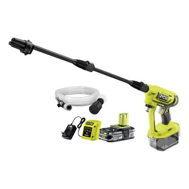 Zestaw myjki średniciśnieniowej Ryobi One+ RY18PW22A-125 z baterią, baterią, ładowarką, wężem i różnymi końcówkami do dysz, wszystko starannie wyeksponowane razem.