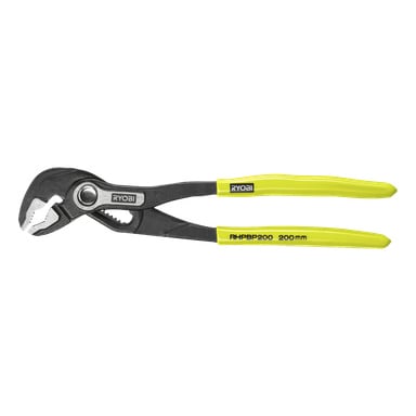 Ryobi Polygrip -pihdit, joissa on kirkkaan keltaiset kahvat, merkitty 200 mm RHPBP200 ja varustettu mustalla säädettävällä leukalla.