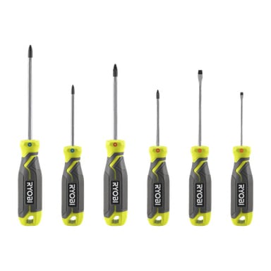 Et sett med seks Ryobi RHSDS6PC skrutrekkere står oppreist i en rekke, hver med karakteristiske grå og gule håndtak merket med Ryobi-logoen. Kolleksjonen viser frem ulike tiptyper og størrelser, inkludert både flathead- og Phillips-topper.