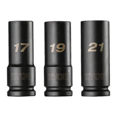 Tre svarta slaghylsor från Ryobi Socket Set RHDIS3PC stå upprätt. Varje hylsa har en guldfärgad markering—17, 19 och 21—och Ryobi-varumärket graverat nära basen.