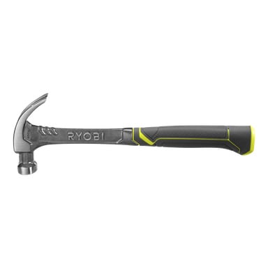 En Ryobi-snickarhammare med ett slitstarkt metallhuvud och ett ergonomiskt svart och gult gummihandtag, lämpligt för att slå in eller ta bort spikar. Hammarens sida visar Ryobis logotyp.