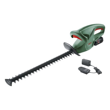 Bosch Power 4 All EasyHedgeCut 18-45 hekktrimmer har en grønn kropp, svart blad og røde detaljer. Den vises sammen med batteripakken og laderen.