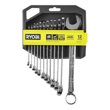 12-częściowy zestaw kluczy kombinowanych Ryobi (RHWR12PC) wystawiony jest w czarno-żółtym plastikowym uchwytie, z widocznymi etykietami produktu i szczegółami gwarancji.