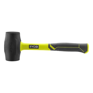 En Ryobi Rubber Hammer RHHM450 med gult handtag och svart gummigrepp, med "450g" präglat på huvudet. Handtaget visar Ryobis logotyp nära klubbans huvud.