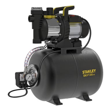 Stanley Hydrophore-pumpens SXGP1300XFBE är svart och inkluderar en tryckmätare, en metalltank och en genomskinlig slang. Den är designad med ett bärhandtag och en exponerad strömkabel.