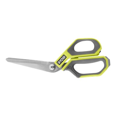 Ryobi Scissors RHCSS01 ha rostfria stålblad och ett ergonomiskt handtag med grå och neongröna detaljer.