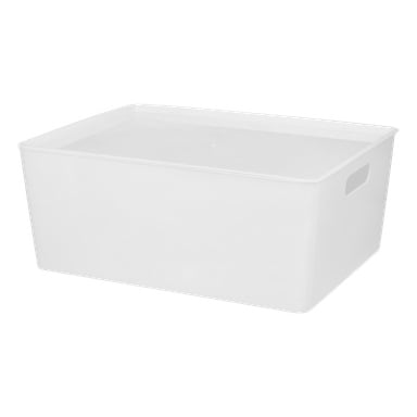 Hard Head Storage-lådan är en enkel, rektangulär vit plastbehållare med ett passande lock och ett handtagsutskärning på ena sidan. Dess släta, omärkta yta ser ren och minimalistisk ut.