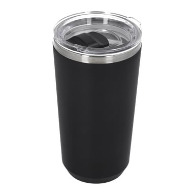 En svart Kayoba Thermos-mugg i rostfritt stål med ett genomskinligt plastlock med skjutbar lock.