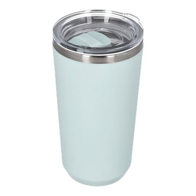 En rostfri Kayoba Thermos-mugg i ljusblått med genomskinlig plastlock och metallkant, stående upprätt och tom.