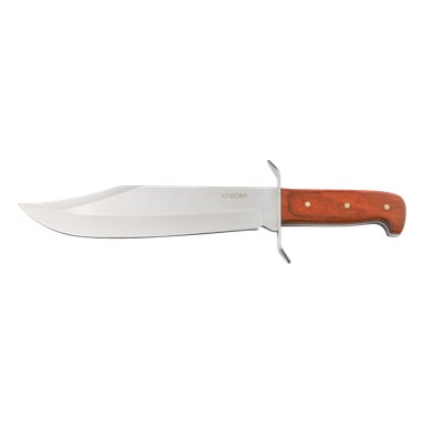 En Bowie-kniv från Kayoba Outdoor med ett polerat silverblad med fast blad, ett trähandtag med tre messingsnitar, ett metallskydd och "KAYOBA" ingraverat nära bladets bas.