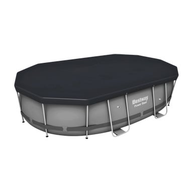 Ett Bestway-poolskydd monteras över en oval pool ovan jord med en metallstödram. Bestways logotyp finns på sidan av poolen.