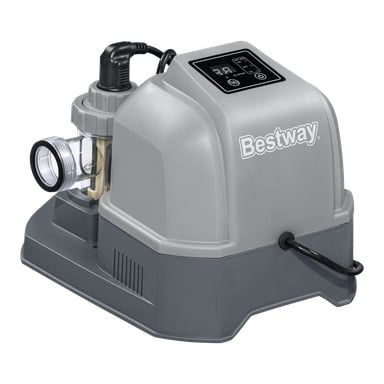 Szary chlorator solny Bestway z przezroczystym złączem węża, cyfrowym panelem sterowania na górze oraz podłączonym kablem zasilającym, spoczywający na płaskiej powierzchni.