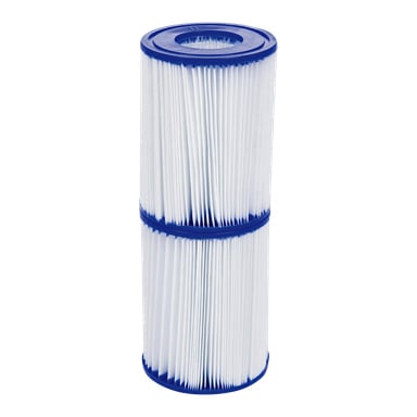 Ett Bestway Pool-filter med en veckad vit cylindrisk patron och blå plaständlock står upprätt.